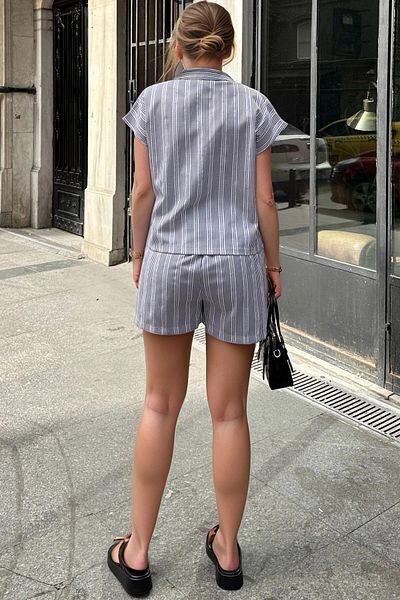bacc Women's Black Jacket Collar Striped Pocket Elastic Waist Shirt Shorts Set Bcbsk-25700-3625