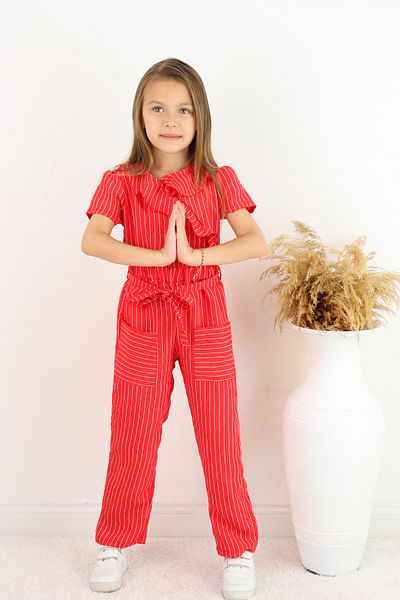 FESSHERA 💜   Girl's Double Breasted Collar Ruffle Detailed Striped Jumpsuit – Suitable for Casual and Special Occasion Wear 💜