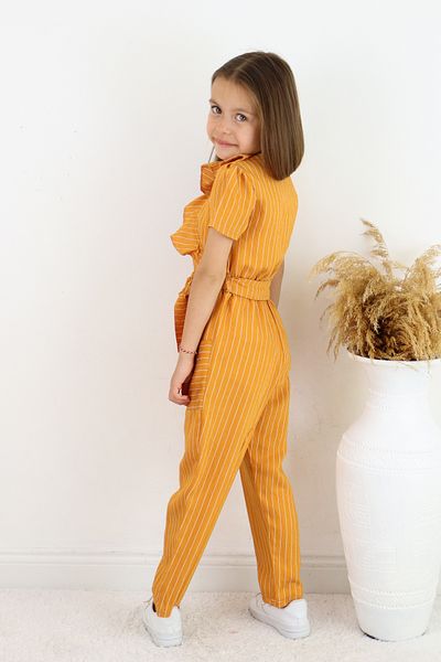 FESSHERA 💜   Girl's Double Breasted Collar Ruffle Detailed Striped Jumpsuit – Suitable for Casual and Special Occasion Wear 💜