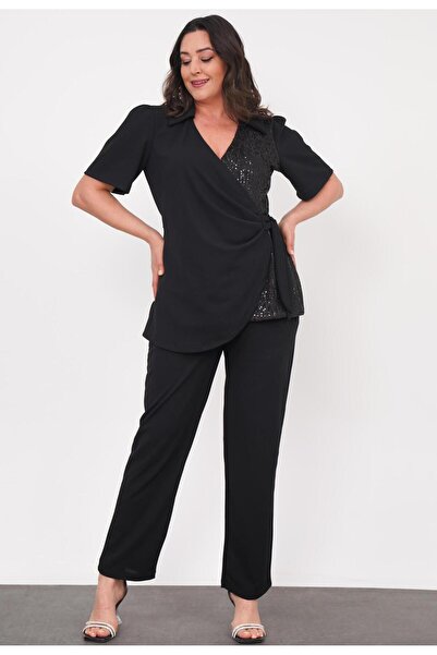 FOR ESRA BIG TREND Γυναικείο βραδινό κοστούμι με κοντό μανίκι με διπλό στήθος με παγιέτες με δέσιμο στη μέση