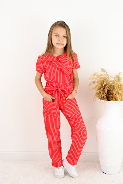 FESSHERA 💜   Girl's Double Breasted Collar Ruffle Detailed Striped Jumpsuit – Suitable for Casual and Special Occasion Wear 💜