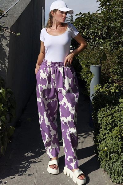 bacc Women's Purple High Waist Elastic Waist Trousers Bcbsk-25700-3548