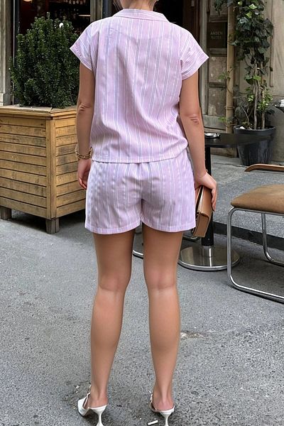 bacc Women's Pink Jacket Collar Striped Pocket Elastic Waist Shirt Shorts Set Bcbsk-25700-3625