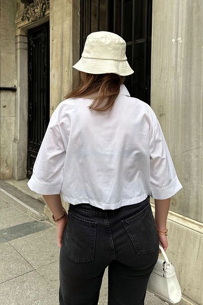 bacc Cămașă crop albă oversize cu mânecă lungă pentru femei Bcbsk-25700-3533