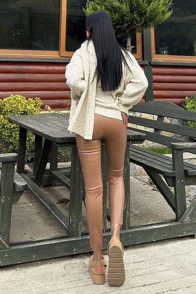 bacc Women's Tan Leather Look Raised Stitching Detailed Leggings Bcbsk-25700-3665
