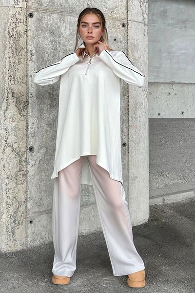 bacc Women's Ecru Relaxed Cut Double Bottom Top Set Bcbsk-25700-3670