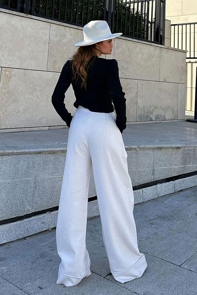 bacc Women's White Elastic Waist Wide Leg Pants Bcbsk-25700-Kt0075