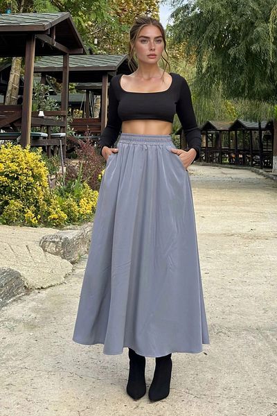 bacc Women's Gray High Waist Elastic Long Skirt Bcbsk-25700-3676