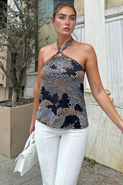 bacc بلوزة نسائية باللون الأسود والأبيض والأزرق مكشوفة الكتفين Bcbsk-25700-3630