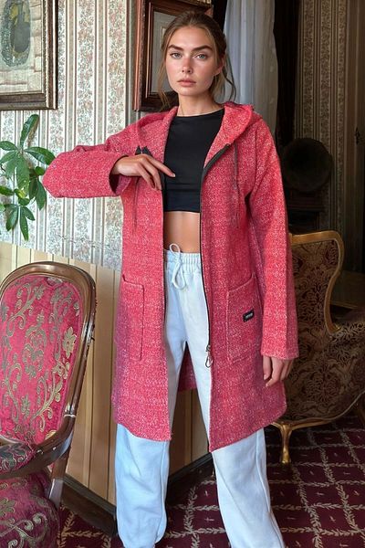 bacc Women's Red Zippered Hooded Long Jacket Bcbsk-25700-3690