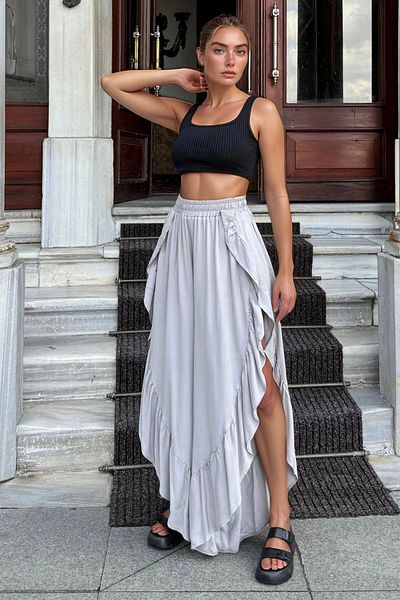 bacc Women's Gray Side Ruffled Slit Elastic Waist Belmando Loose Baggy Trousers Bcbsk-25700-3635