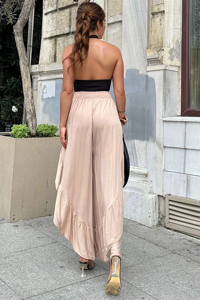 bacc Women's Beige Side Ruffled Slit Elastic Waist Belmando Loose Baggy Trousers Bcbsk-25700-3635