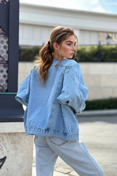 bacc Women's Light Blue Balloon Sleeve Oversized Denim Jacket with Pockets Bcbsk-25700-Kt002