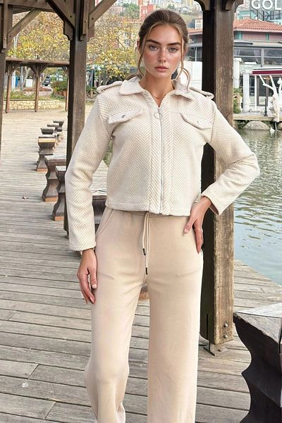 bacc Women's Ecru Zippered Pocket Detailed Jacket Bcbsk-25700-3682
