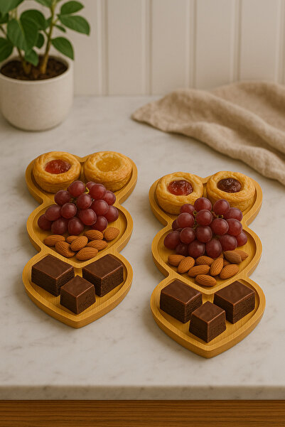 wellhome 3 Bölmeli Kalp Şekilli Bambu Sunum Tabağı 2'li | Atıştırmalık Servis...