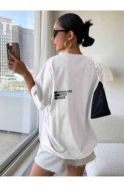 Mythologie Cherish Time T-Shirt - White Printed Oversize Crew Neck Short Sleeve