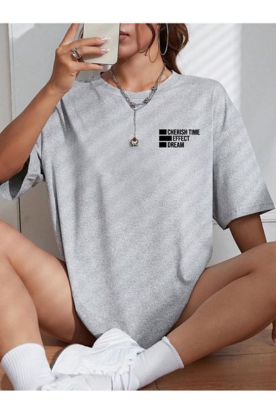 Mythologie Cherish Time T-Shirt - Gray Printed Oversized Crew Neck Short Sleeve