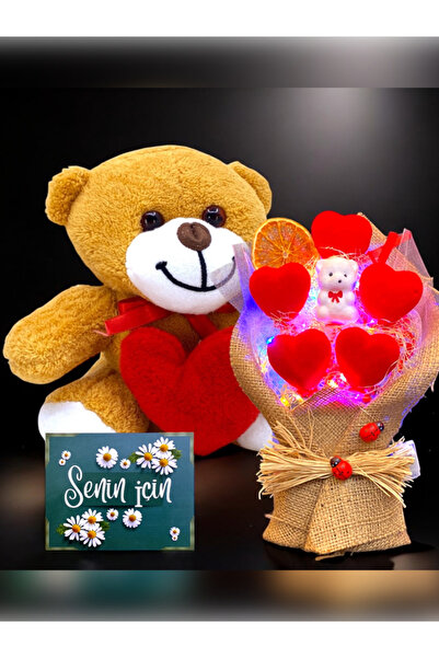 hediye arıları Kalpli Sevimli Peluş Ayıcık ve Renkli Led Işıklı Kırmızı Kalp ...