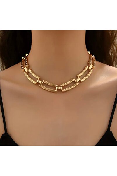 NISHPOINT Altın Rengi Köşeli Iri Zincir Tasarım Chocker Marka Kolye