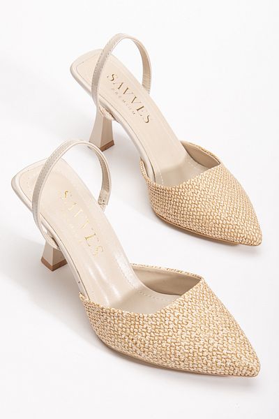 Savves Women's Stiletto Thin Toe Straw Slingback Heeled Shoes