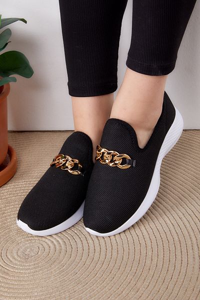 TOFİSA Women's Black and White Chain Buckle Sneakers - 27069