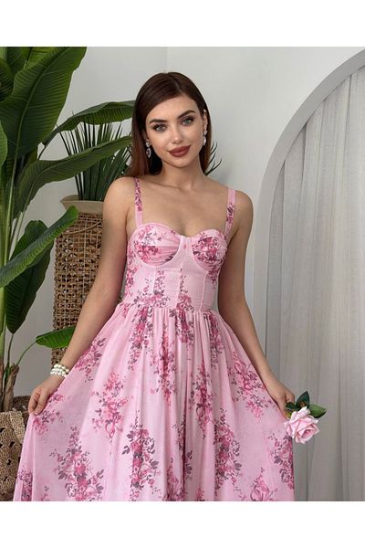 Afiş Butik Pink Chest Cup Strap Floral Patterned Long Dress