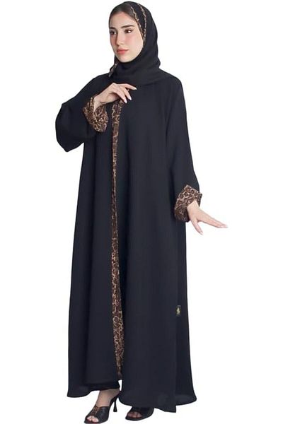 HAWRAA Black wrap abaya with leopard detailing on the sides and double sleeves