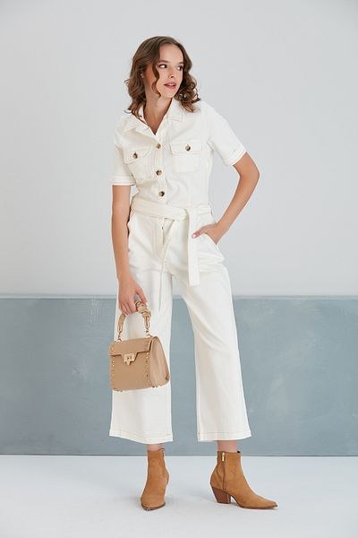 MAMAYAGA Women Shirt Collar Waist Belted Denim Wide Leg Sports Chic Design Jumpsuit