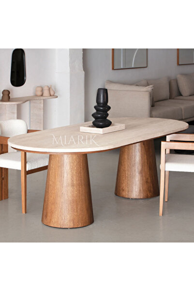 MIARIK DESIGN Kana - Ahsap Ayakli Traverten Yemek Masasi