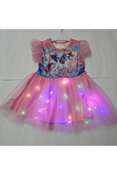 Beryka LED Işıklı Unicorn Baskılı Pembe Tütü Kız Çocuk Elbise – Prenses Model, Astarlı