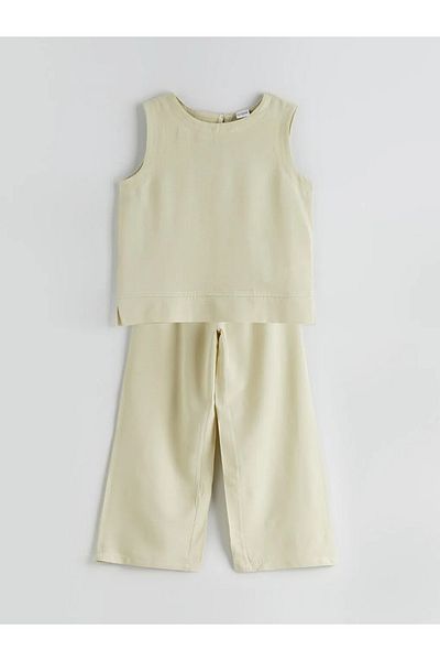 LC Waikiki Lcw Kids Khaki Linen Blend Girls Blouse and Pants