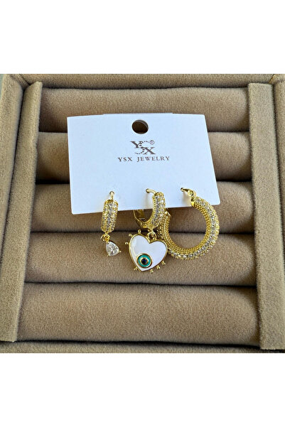 AychaAksesuar Çelik vip seri tamtur zirkon taşlı kalın halka küpeli beyaz kalpli nazar boncuklu 3’lü küpe seti