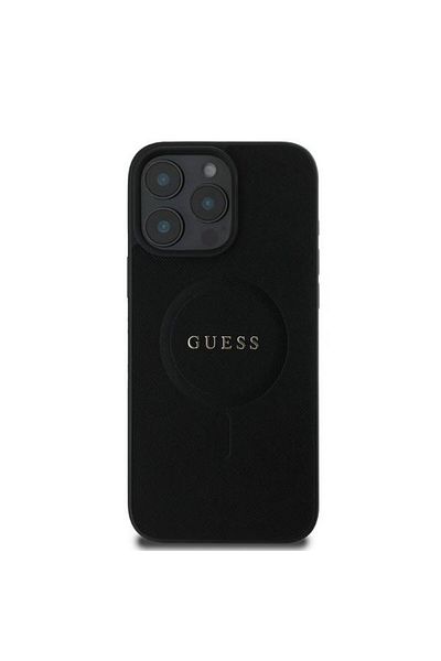 REDz Accessories Carcasă Guess pentru iPhone 16 Pro, model, logo Saffiano Classic din PU, compatibilă cu Magsafe, neagră