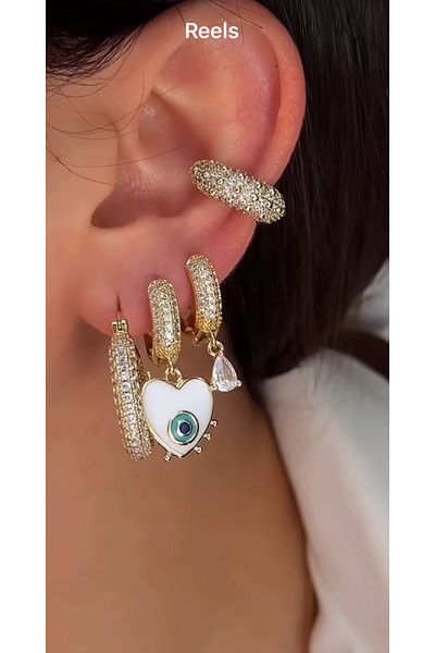 AychaAksesuar Steel Vip Series Tamtur Zircon Stone Thick Ring Earrings with White Heart Evil Eye Beads 3-Piece Earring Set