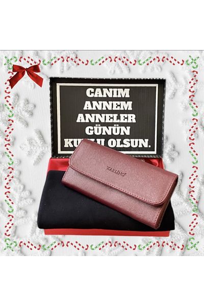 Carlino Mother's Day Burgundy Wallet-Black Combed Cotton Shawl Gift Set