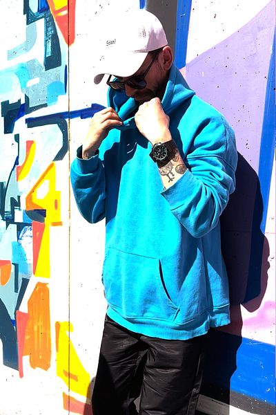 KonforA Unisex Oversize Blue Hooded 3 Thread Raster Sweatshirt Hoodie