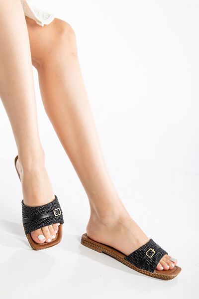 Dilimler Ayakkabı Women's Flat Heel Slippers Black Straw Thick Single Band