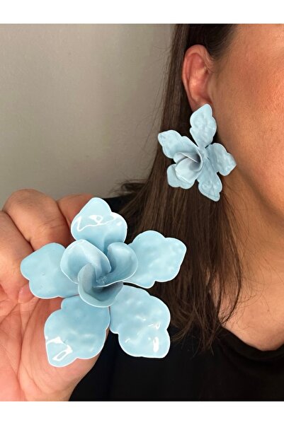 ALS Tasarım Dünyası Kadın ZR Marka Model Mavi Renk Çiçek küpe En:7 Boy:7 cm Şık Küpe