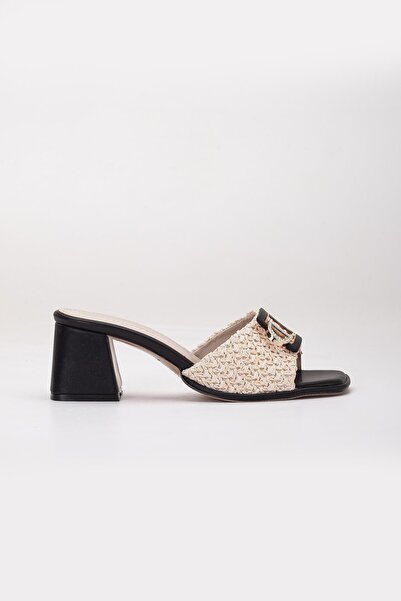Dilimler Ayakkabı Large Size Women's Heeled Slippers Black Straw Pattern Stone Buckle