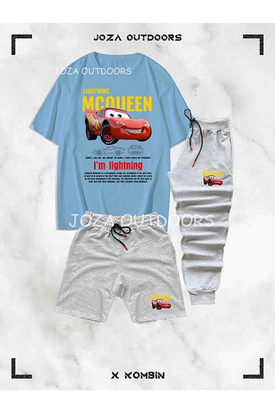 Jobia Outdoors Men's Colorful Mcqueen Printed 3-Piece Combination Suit (Oversize T-Shirt-Shorts-Sweatpants)