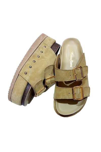 MaisonStanbul Genuine Suede Platform Banded Slippers