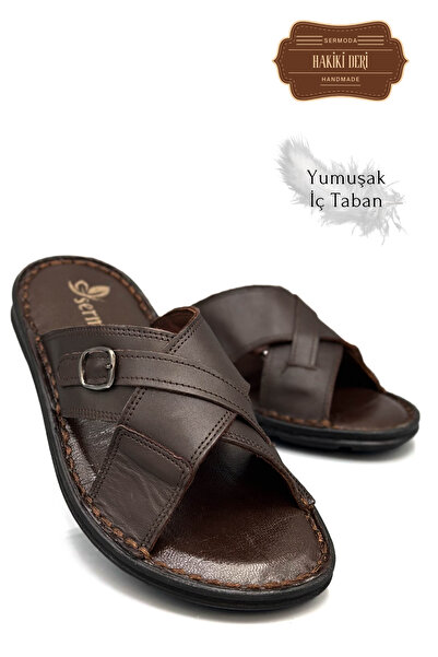 sermoda Genuine Real Leather Men's Slippers Lightweight Slippers Leather t Brown