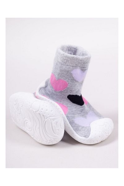 Superbaby Children's moccasins with non-slip soles - Pink and black hearts design on a gray background