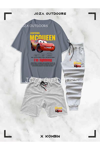 Jobia Outdoors Men's Colorful Mcqueen Printed 3-Piece Combination Suit (Oversize T-Shirt-Shorts-Sweatpants)