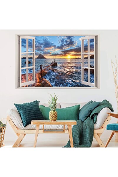 HDART Soyut Açılır Pencere Görünümlü Deniz Sahil İskele Manzaralı Duvar Kanva...