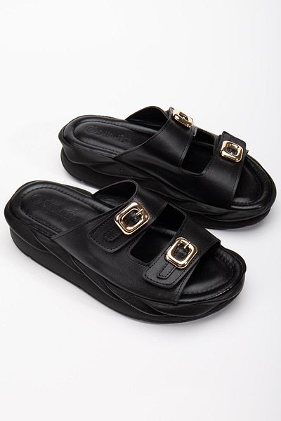 Dilimler Ayakkabı Women's Wedge Slippers Black 2 Stripes Faux Leather