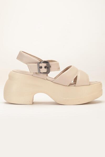 Dilimler Ayakkabı Women's Wedge Heel Sandals Beige 2 Thick Banded Skin