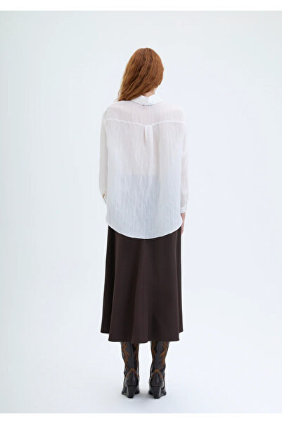 Quzu İnce Çizgili Düğmeli Oversize Gömlek