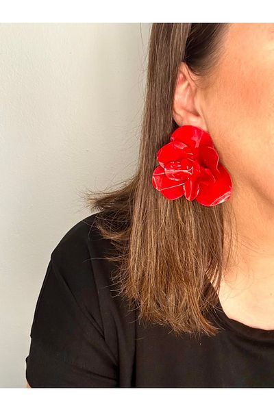 ALS Tasarım Dünyası Women Zr Brand Model Red Color Flower Earrings Width:7 Length:7 cm Stylish Earrings