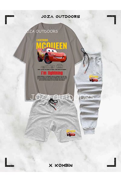 Jobia Outdoors Men's Colorful Mcqueen Printed 3-Piece Combination Suit (Oversize T-Shirt-Shorts-Sweatpants)